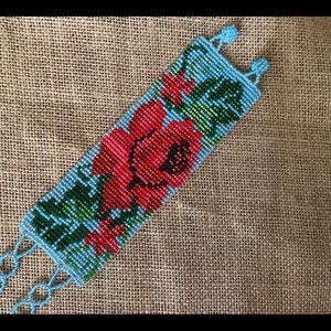 Huichol hand beaded bracelet blue red rose boho